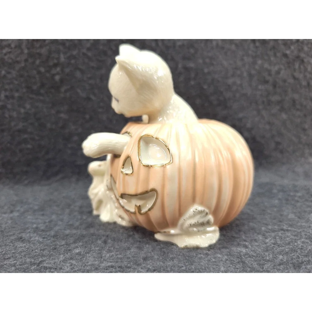 VTG Lenox Kittys Halloween Surprise Cat in Pumpkin w mouse 24 K gold trim 2000